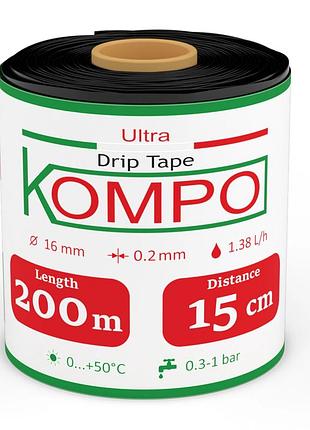 Стрічка крапельного поливання kompo 8 mil; 1.38 л/год 200 м*15 см