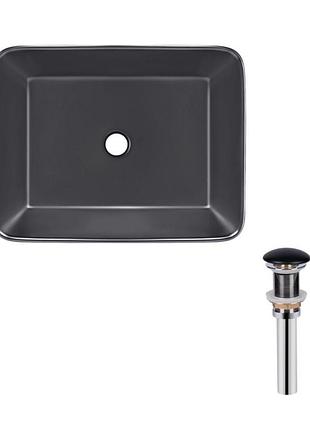 Комплект qtap tern: раковина накладна прямокутна 475х370х140 мм matt black + донний клапан pu03