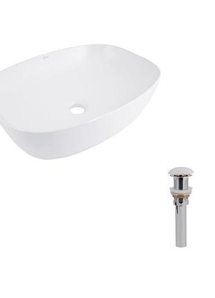 Комплект qtap cardinal: раковина накладная 500×380×140 мм, white, овальная + донный клапан pop-up pu02