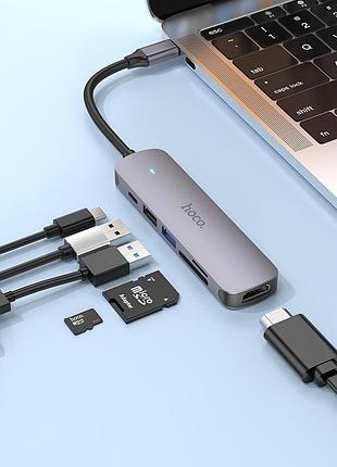 Перехідник hoco hb28 multi-function 6in1 (type-c to hdtv+usb3.0+usb2.0+sd+tf+pd) (metal gray) 64591 hoco 2