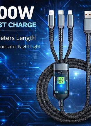 Кабель pilot 3в1 плетений 2 метри шнур провід зарядка 100w type c lightning micro usb чорний