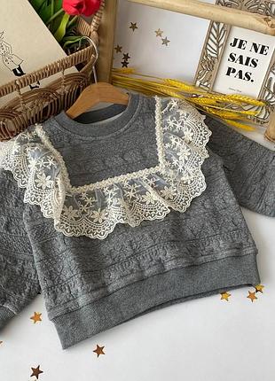 Стильна кофта для дівчинки з білими мереживами сірий 88792, nmxiaokaola, сірий, для дівчаток, весна осінь, 122