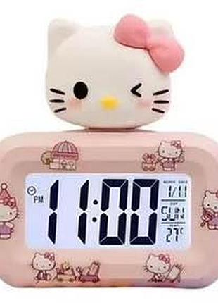 Настільний led-годинник hello kitty з іграшкою та наклейками рожевий