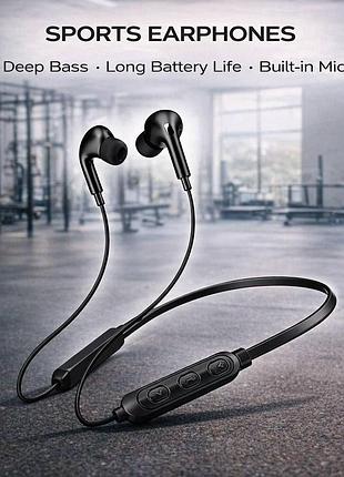 Беспроводные bluetooth наушники 9d блютуз для спорта с шейным ободом комфорт и свобода движения чорний
