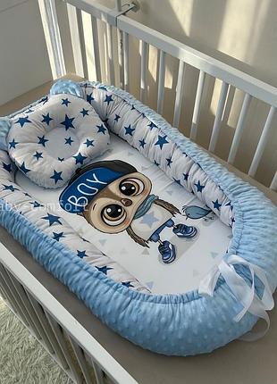 Кокон-позиціонер для новонароджених baby comfort сова блакитний + подушечка