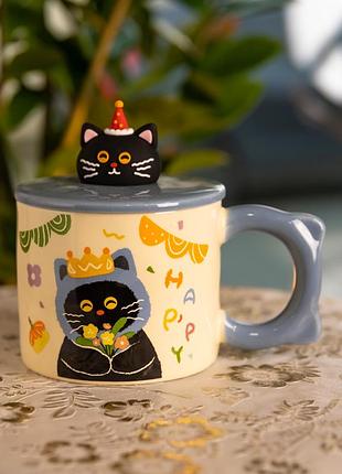 Чашка фарфоровая с крышкой kitten's birthday 400 (мл) подарочная кружка прикольная чашка для детей на подарок синий fm-24a