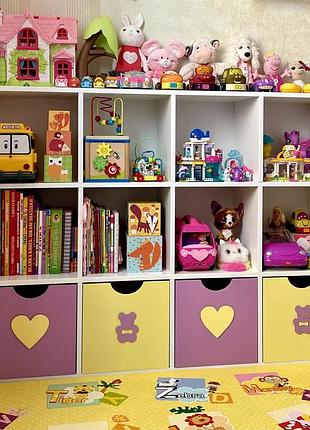 Стеллаж " toys " на 12 ячеек + 4 ящика белый/фиолетовый/желтый дсп 16 мм