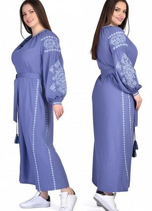 Голубое платье-вышиванка мария | лен, макси длина, размеры: s,m,l,xl,2xl,3xl 2xl