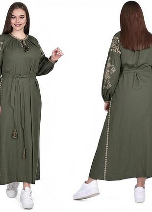 Платье-вышиванка мария | лен, макси длина, хаки, размеры: s,m,l,xl,2xl,3xl xl