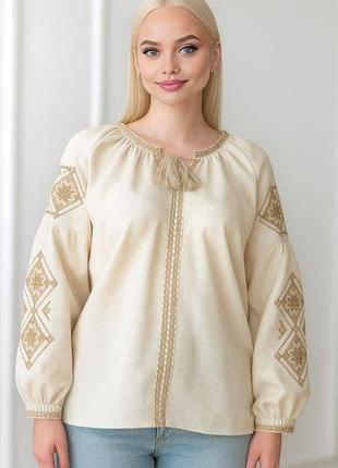 Лляна вишиванка етніка (бежевий), розміри m,l,xl,2xl,3xl