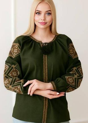 Лляна вишиванка етніка (хакі), розміри s,m,l 3xl