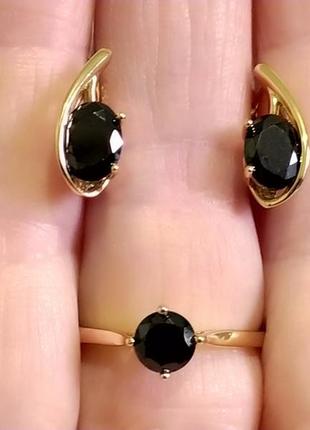 Позолоченное кольцо р.20 с черным камнем, позолота 18 карат 585 пробы, xuping2 фото