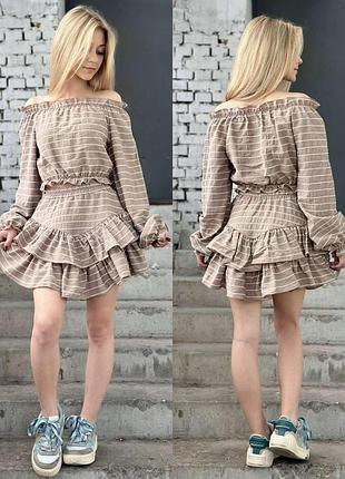 Подростковый летний костюм для девочки в с блузкой и короткой юбкой с рюшами | размеры 128–160 см