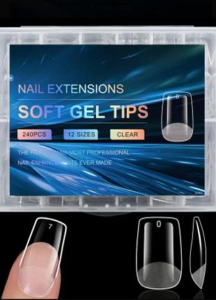 Набор для наращивания ногтей (типсы) soft gel tips, 240 прозрачных наконечников 12 разных размеров.