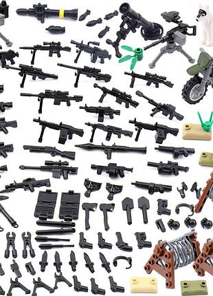 Набір зі 100 аксесуарів для військових фігурок лего lego: зброя, барикади, собаки, мотоцикл