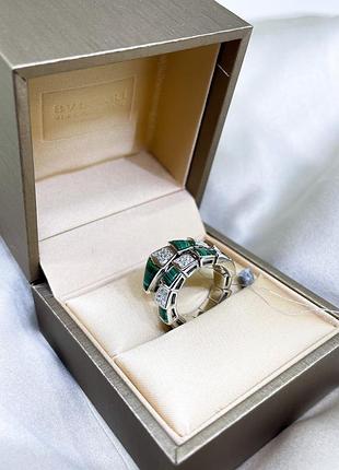 Срібне кільце булгарі bulgari змія змійка з камінням зелений малахіт срібло проба 925 нове з биркою нове, 925, 18.5