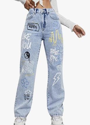 Джинси широкі shein graffiti print / wide leg / розмір l