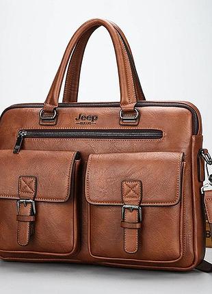 Качественный мужской деловой портфель для документов jeep формат а4, сумка офисная для работы мужская светло-коричневый