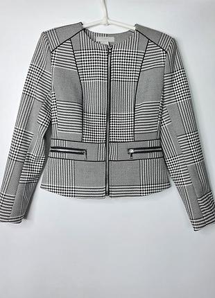 Женский черно-белый жакет блейзер на молнии h&m xs 42 пиджак мелкая клетка приталенный короткий гусиная лапка деловой офисный стиль винтаж твидовый