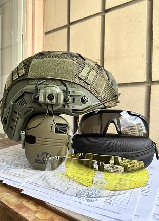 Шолом fast nij iiia балістичний шолом, навушники walkers razor, адаптери, тактичні окуляри з чорною оправою
