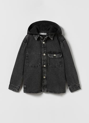 Рубашка джинсовая для мальчика zara,11,12,152,рубашка,хлопок,черная,джинс,з,длингом,рукавом,широкая,свободная,прямая,худи,демисезон,капишон