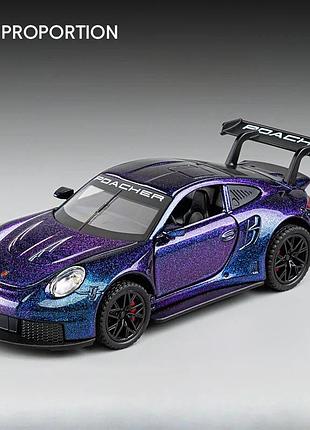 Модель автомобіля porsche 911 gt3 rs 1:32 — металева фіолетова машинка з блискітками, зі звуком і світлом
