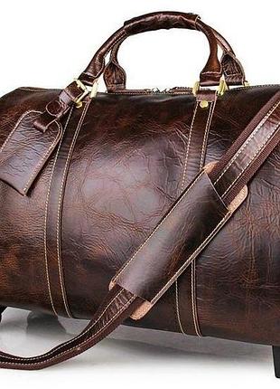 Кожаная дорожная сумка на колесах для путешествий и командировок vintage 14254 коричневая