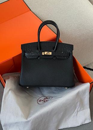 Женская кожаная сумка birkin 25 black/gold