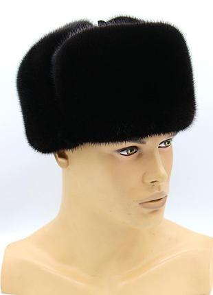 Норковая меховая шапка черная мужская ушанка "классическая" полностью из меха.