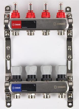 Коллектор standard 1" - 3/4" на 4 выхода в сборе для теплого пола