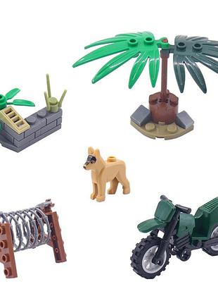 Набор аксессуаров сцены с мотоциклом пальмой собакой и заграждением для фигурок лего lego