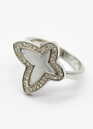 Срібна каблучка в стилі "van cleef та arpels" зі вставкою фіаніт/перламутр, розмір 15,5, вага: 3.7 г