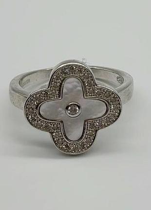 Срібна каблучка в стилі "van cleef та arpels" зі вставкою фіаніт/перламутр, розмір 15,5, вага: 3.7 г