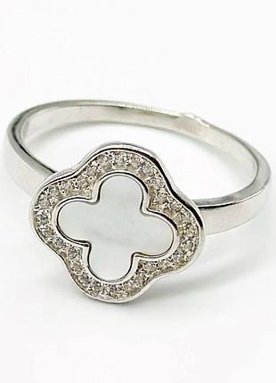Срібна каблучка в стилі "van cleef та arpels" зі вставкою фіаніт/перламутр