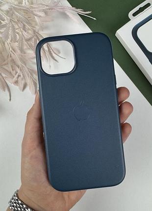 Leather case with magsafe for iphone 15. кожаный кейс для айфон 15 синий