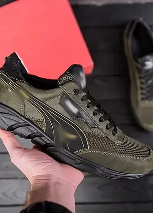 Чоловічі кросівки літні сітка пума puma anzarun green зелені хакі