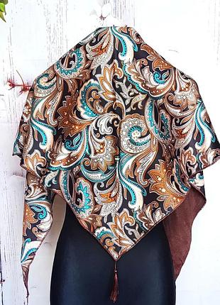 Теплая косынка на шею на флисе коричневый бирюзовый