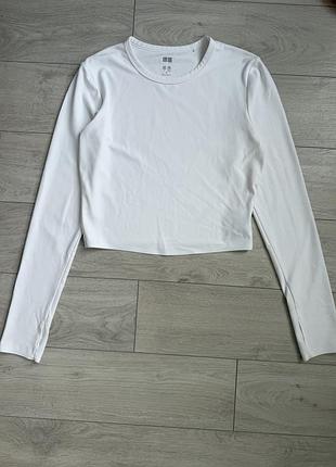 Брендовій лонгслів білий з розрізами для пальців вкороченій uniqlo