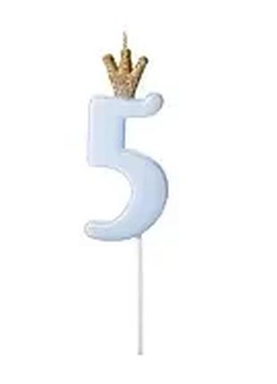 Свеча для торта "5" голубая с короной party deco