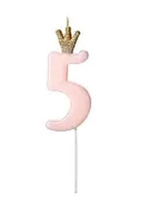 Свеча для торта "5" розовая с короной party deco
