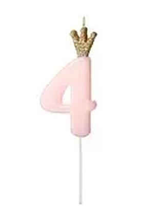 Свеча для торта "4" розовая с короной party deco