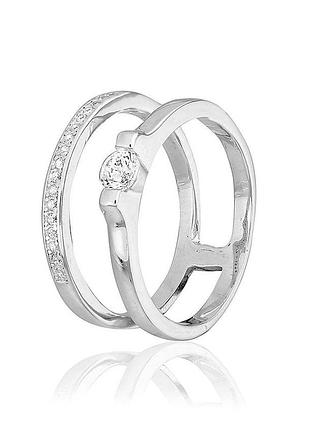 Серебряное кольцо двойное с фианитами, размер 17,0, вес: 3.4 г
