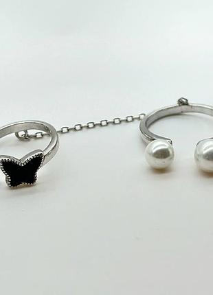 Срібна каблучка в стилі "van cleef та arpels" зі вставкою онікс/sea shell pearl, розмір 16,0, вага: 3.6 г