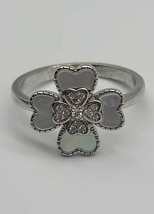 Срібна каблучка в стилі "van cleef та arpels" зі вставкою фіаніт/перламутр, розмір 18,4, вага: 3.3 г