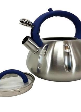Чайник из нержавеющей стали со свистком 2,5л unique un-5303 голубая ручка top shop ua_