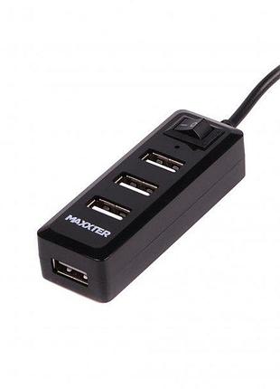 Хаб usb 2.0 maxxter hu2a-4p-ac-03 type-a на 4 порта, 5v1a зарядка в комплекте, пластик, черный