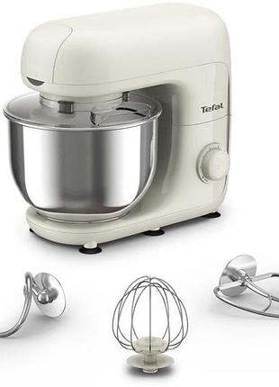Миксер tefal qb160138 планетарный bake essential 800вт, насадки-3, чаша-нерж., металл, 4.8л, белый