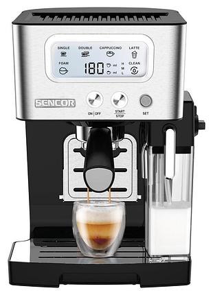 Кофеварка sencor ses4090ss рожковая 1.4л, молотый, автоматический капучинатор, lcd-дисплей, нерж. сталь-черный