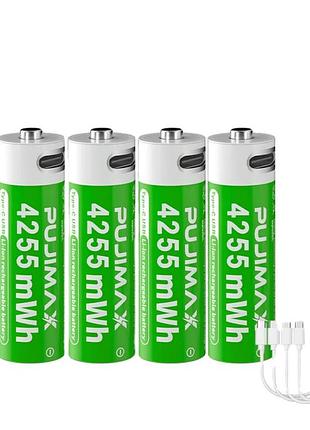 Li-ion аккумуляторные батарейки aa pujimax 4255mwh type-c порт стабильные 1.5v 4шт.