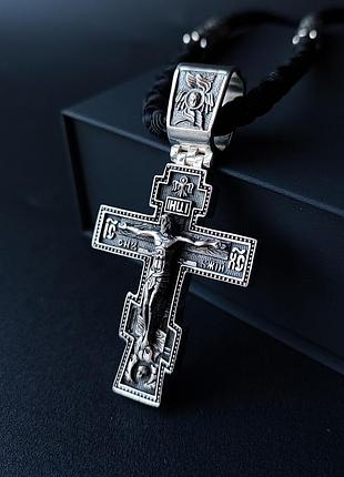 Серебряный крестик и шнурок со вставками из серебра 925 пробы с чернением 846/5у+кр0212 70